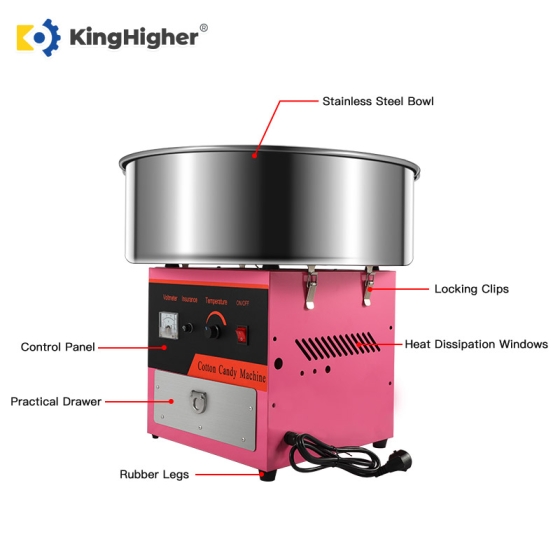 Commercial cotton candy machine with labeled stainless steel bowl, control panel, drawer, and locking clips