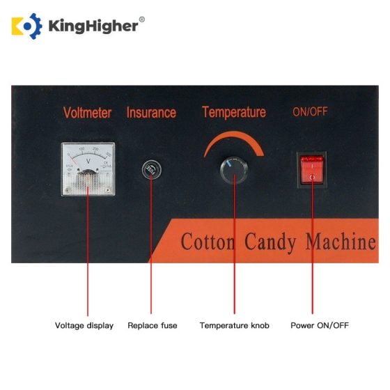 Close-up of the commercial cotton candy machine control panel showing voltmeter, fuse, temperature knob, and power switch