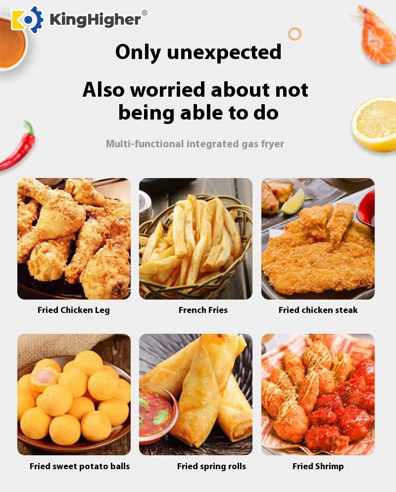Commercial gas deep fryer preparing fried chicken legs, French fries, chicken steak, sweet potato balls, spring rolls, and shrimp in a restaurant setting