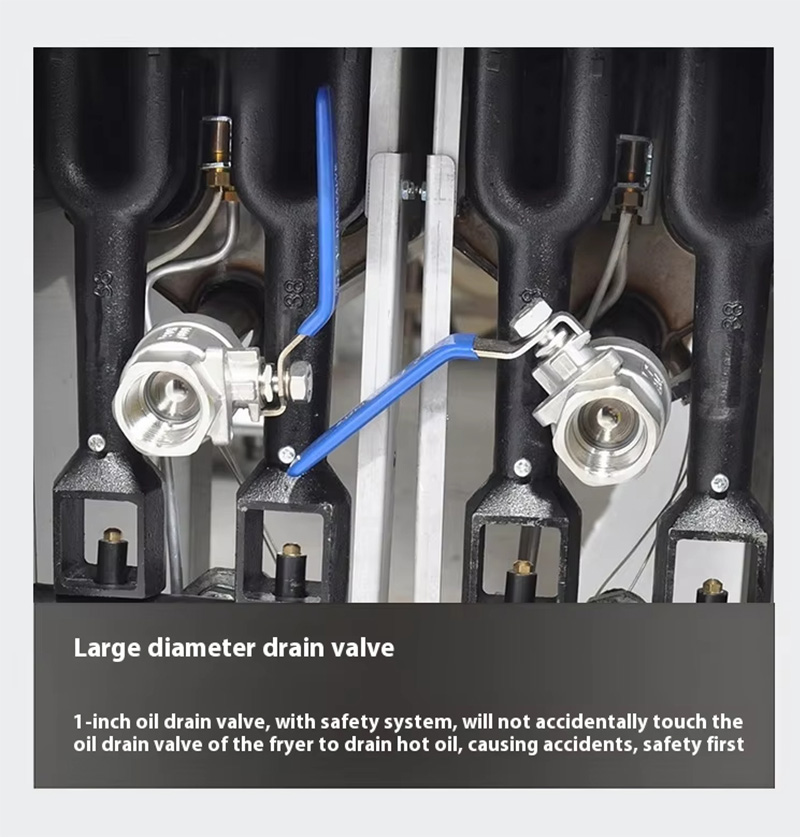 One-inch stainless steel oil drain valve on commercial fryer preventing accidental contact with hot oil