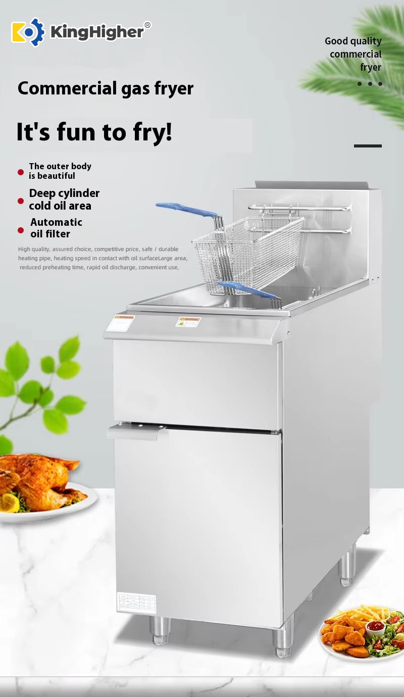 Full view of KingHigher stainless steel commercial gas deep fryer with cabinet and frying basket