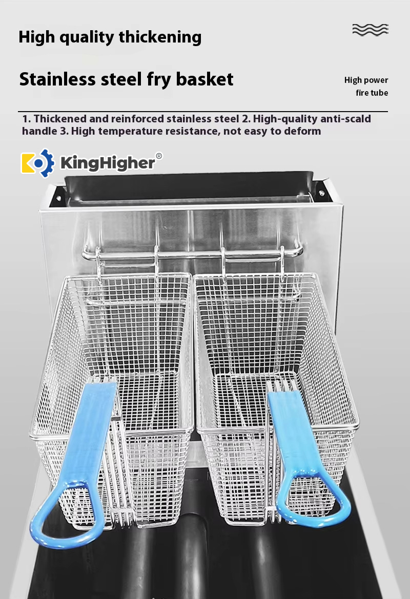 Two reinforced stainless steel fry baskets with blue anti-scald handles in KingHigher fryer