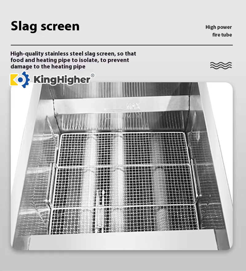 High-quality stainless steel slag screen filtering debris above the fire tubes in KingHigher fryer