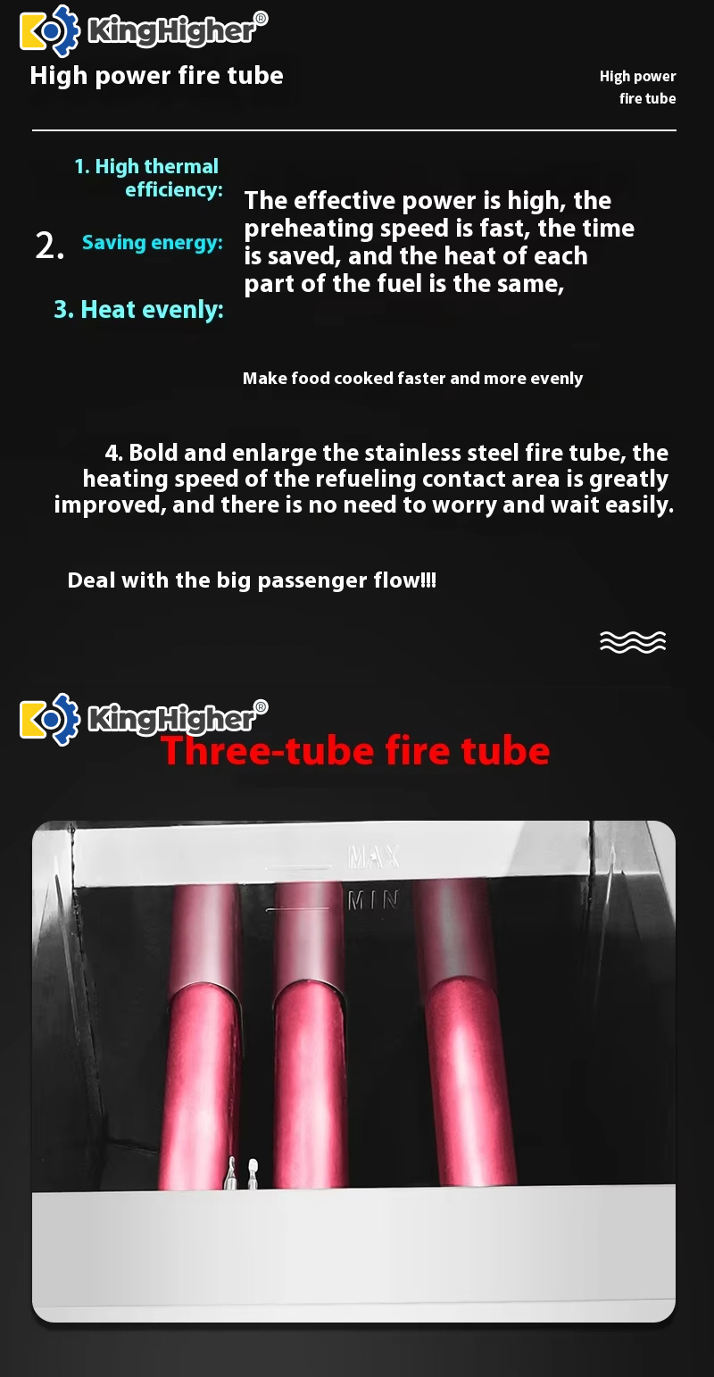 Three stainless steel fire tubes installed in KingHigher high-output gas fryer for rapid preheating
