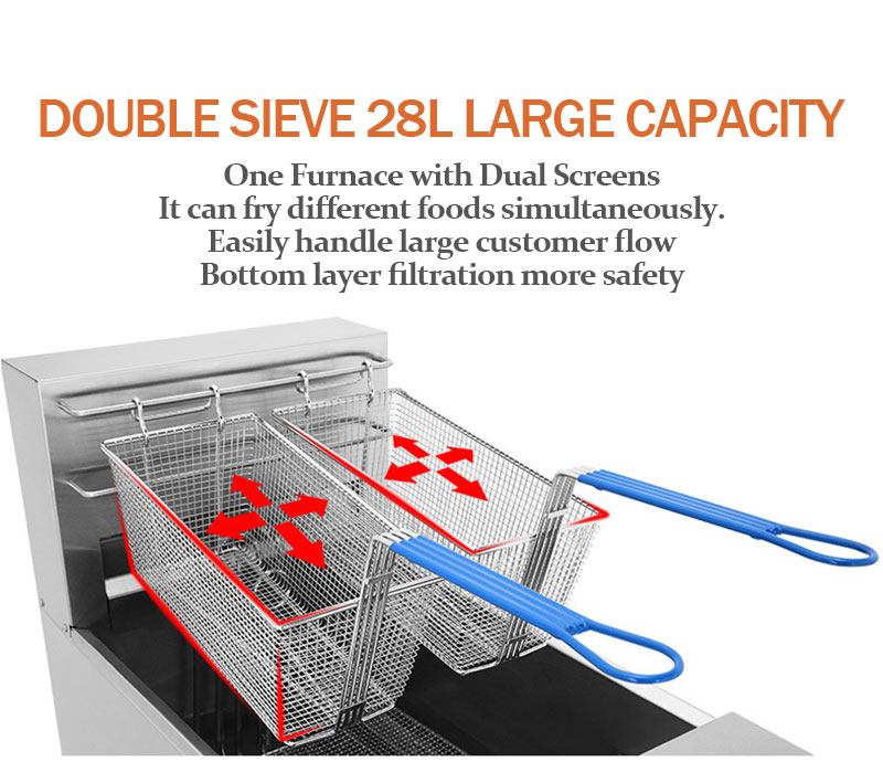 Dual stainless steel frying baskets in a 28L commercial electric fryer with bottom-layer oil filtration