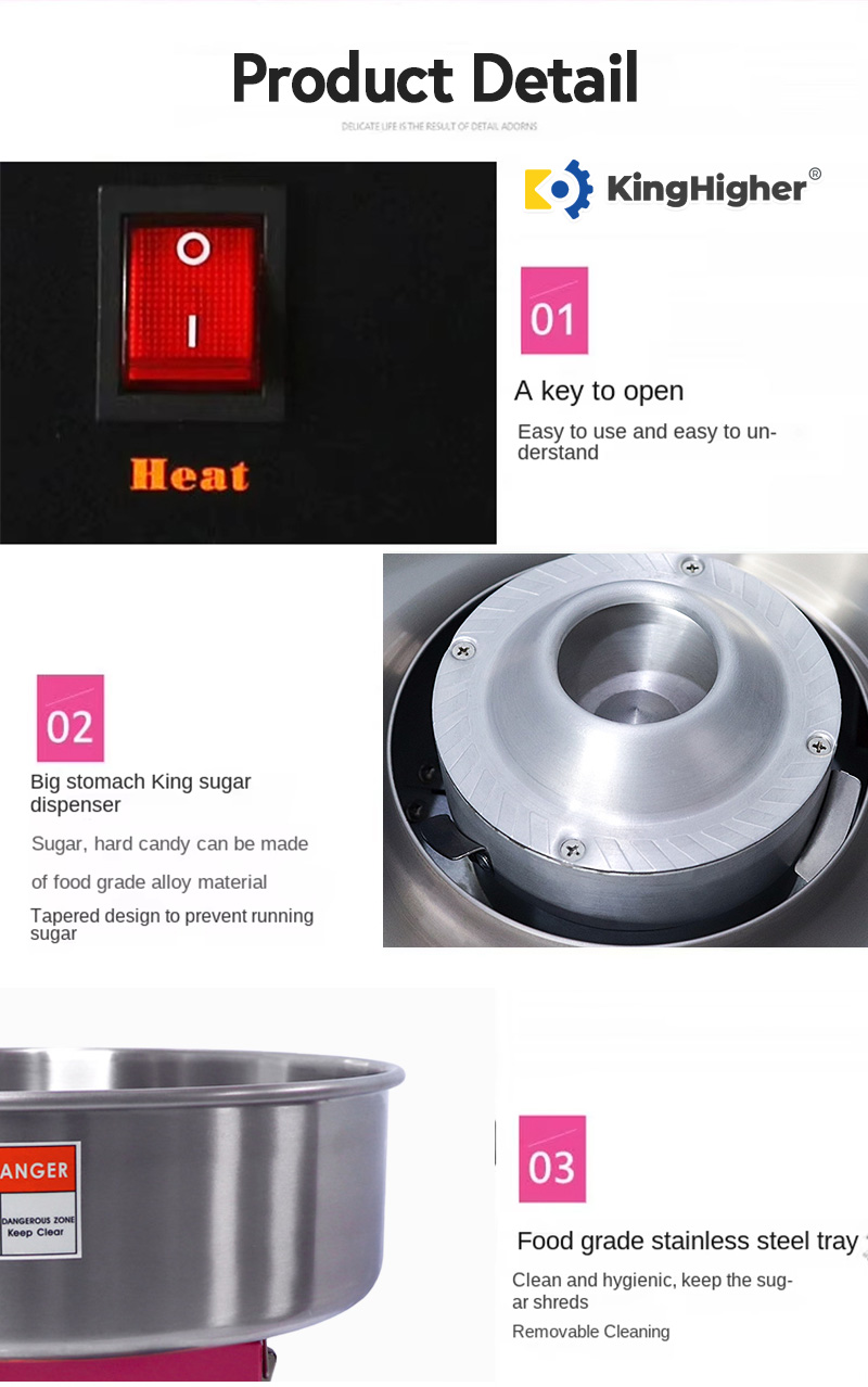 Detailed views of switch, sugar pod and bowl on candy floss machine