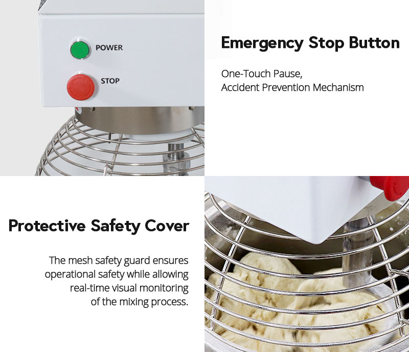 Commercial kitchen mixer with emergency stop button, one-touch pause, and mesh protective safety cover for safe and visible mixing