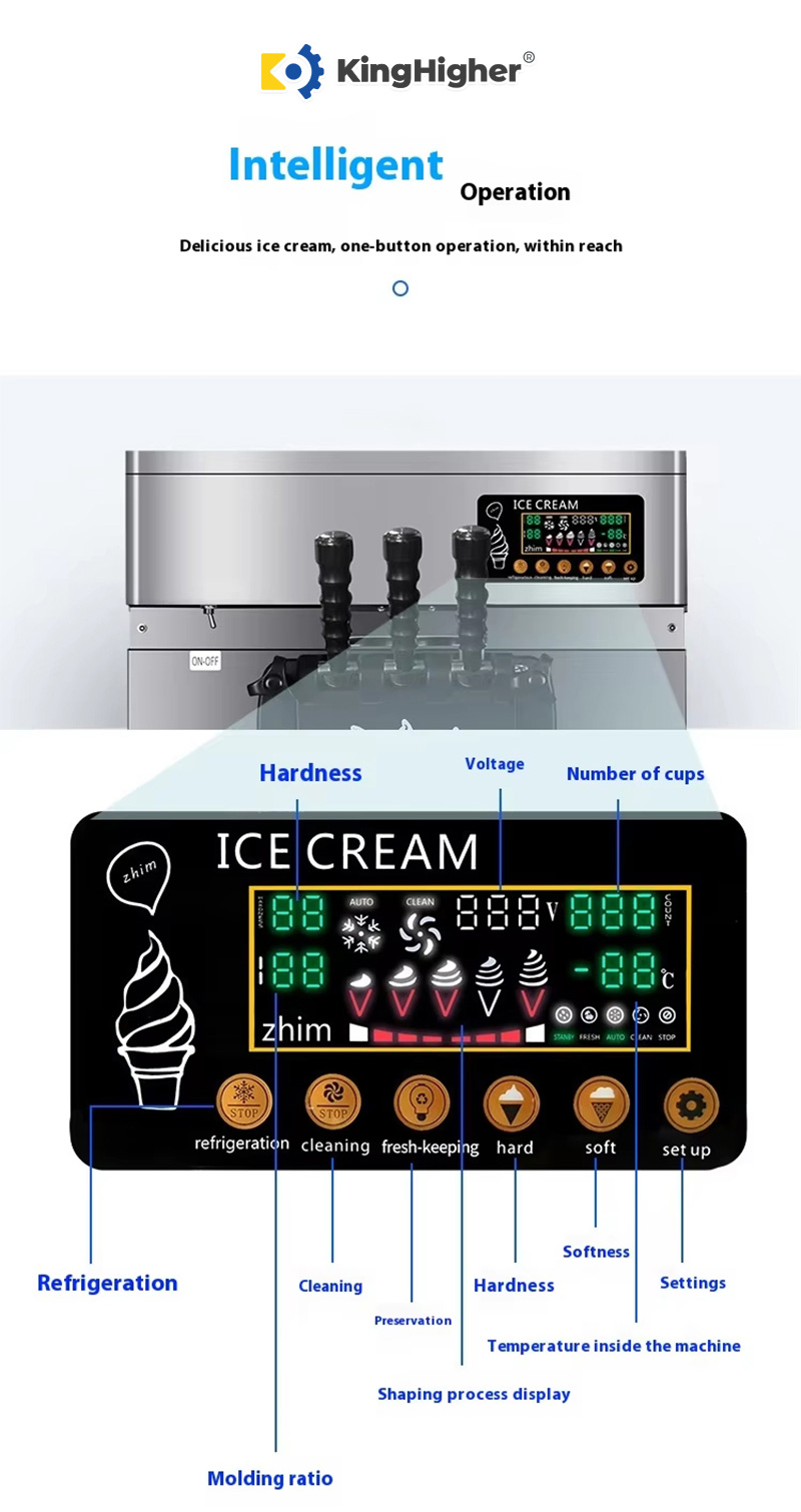 KingHigher soft serve machine digital display features hardness, temperature, count and settings