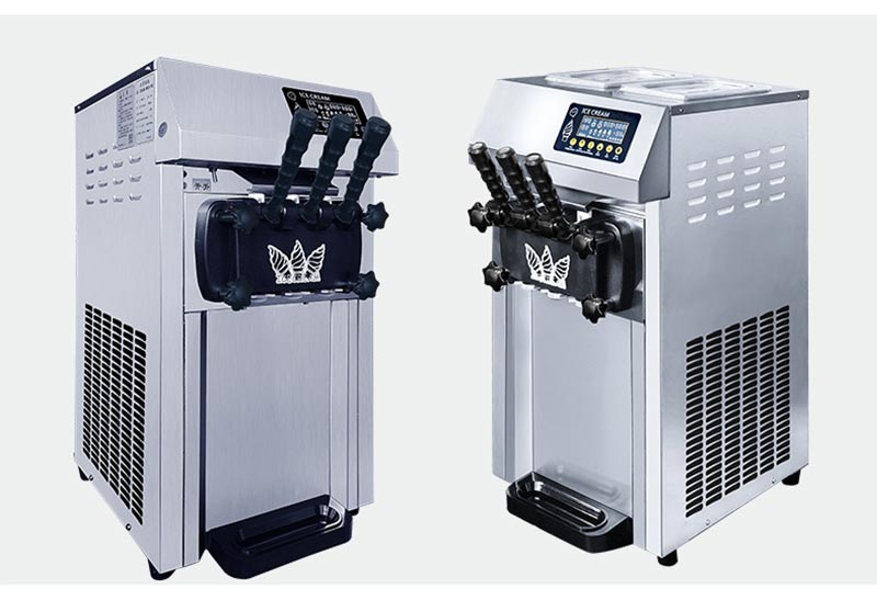 Front view paired with angled side view of commercial soft serve machine