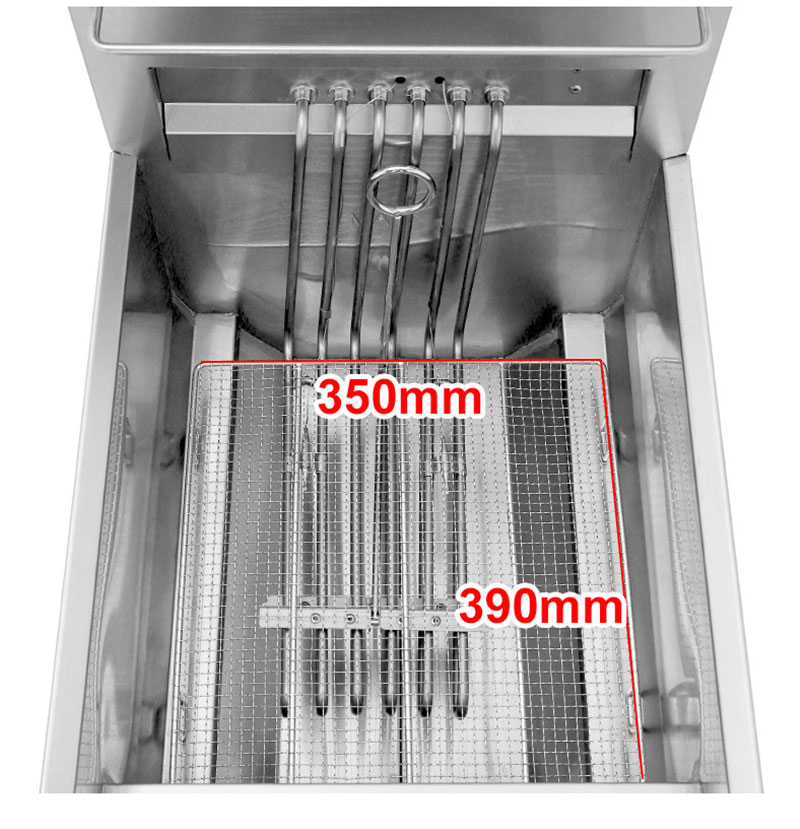 Frying chamber interior measuring 350 mm by 390 mm in a commercial deep fryer