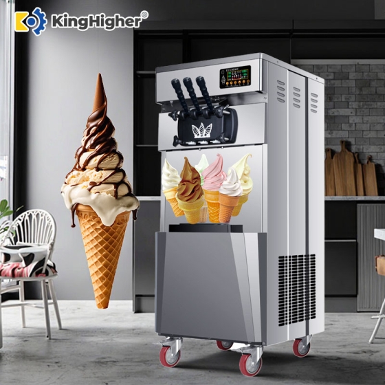KingHigher commercial soft serve ice cream machine with chocolate swirl cone in café setting