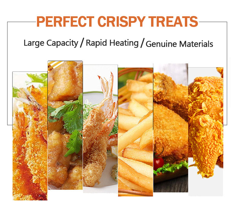 Collage of crispy fried chicken, shrimp and fries cooked in a dual-tank commercial electric fryer