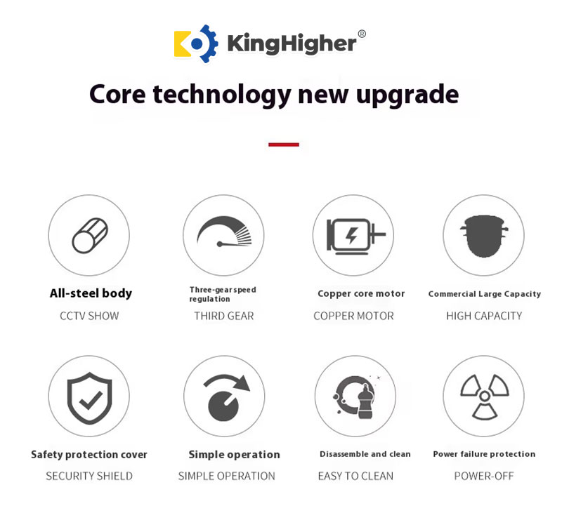 KingHigher Commercial Mixer Key Features – Steel Body, Copper Motor, Large Capacity, Safety Cover