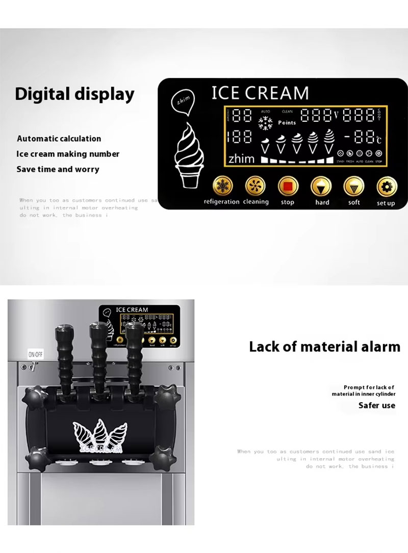 Digital display and material shortage alarm on soft serve ice cream machine