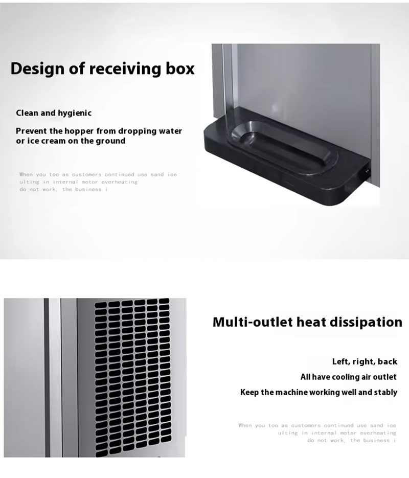 Drip tray receiving box and multi-outlet heat dissipation vents on soft serve machine