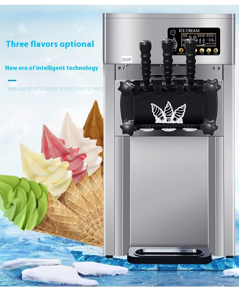 Three independent flavor options displayed beside machine: vanilla, strawberry, chocolate