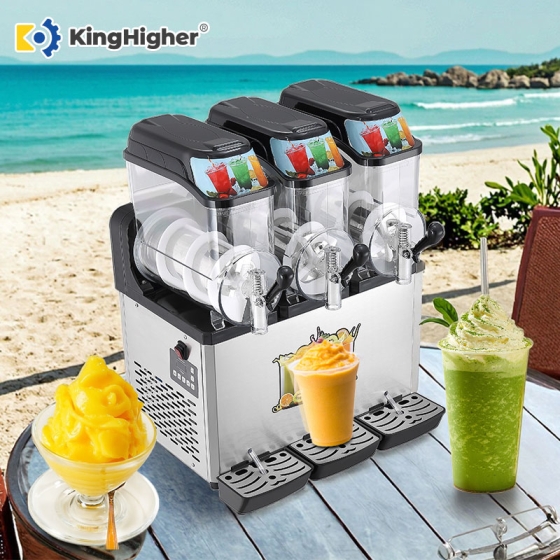 KingHigher triple-bowl slush machine on beach setting