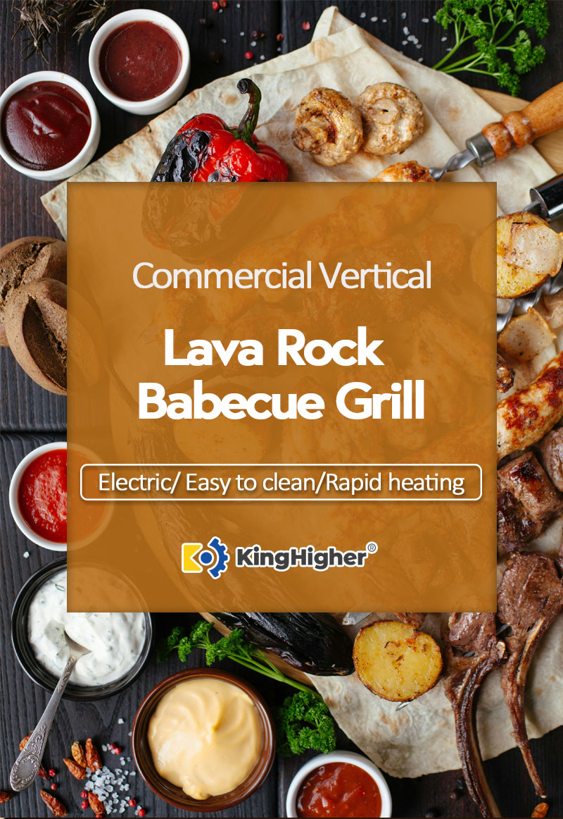 commercial vertical lava rock barbecue grill display with sauces and grilled meat