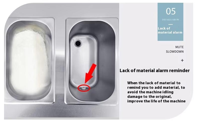 Lack of material alarm sensor in soft serve machine hopper
