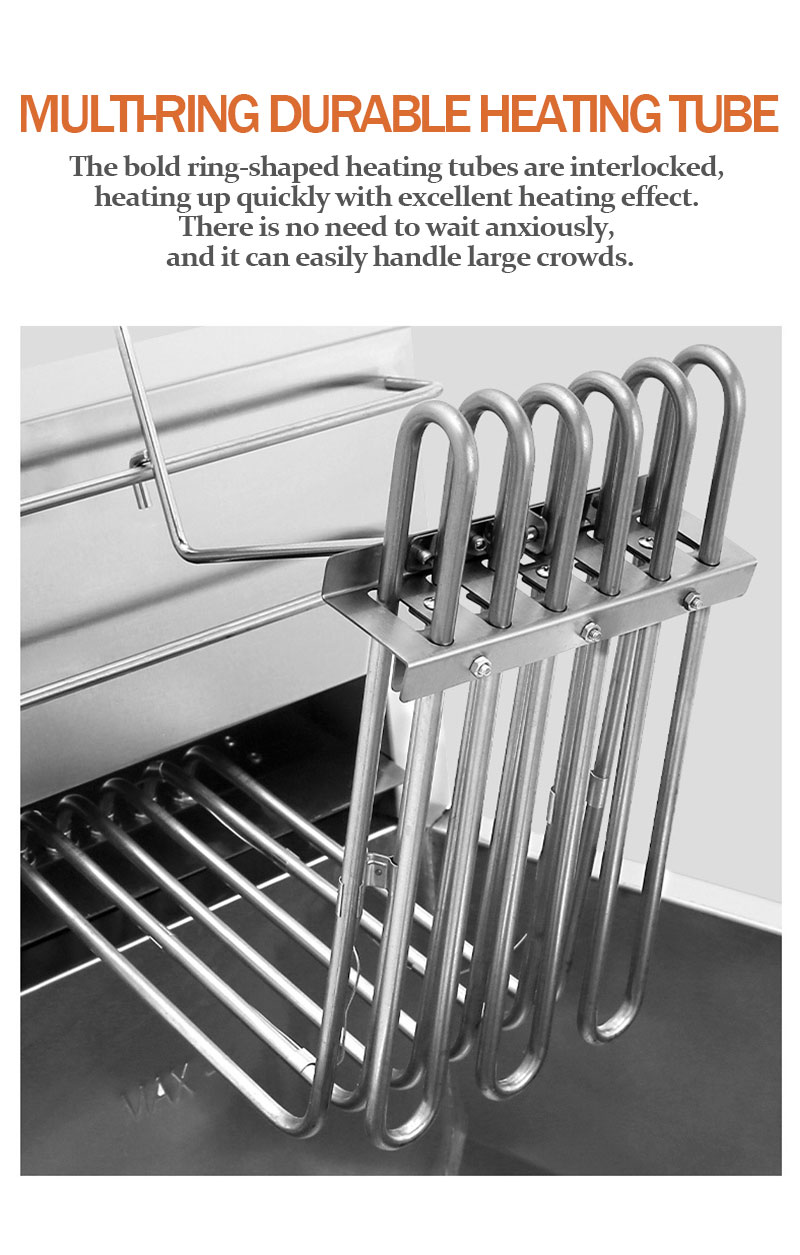 Interlocked ring-shaped heating tubes inside a commercial deep fryer for rapid, uniform heating