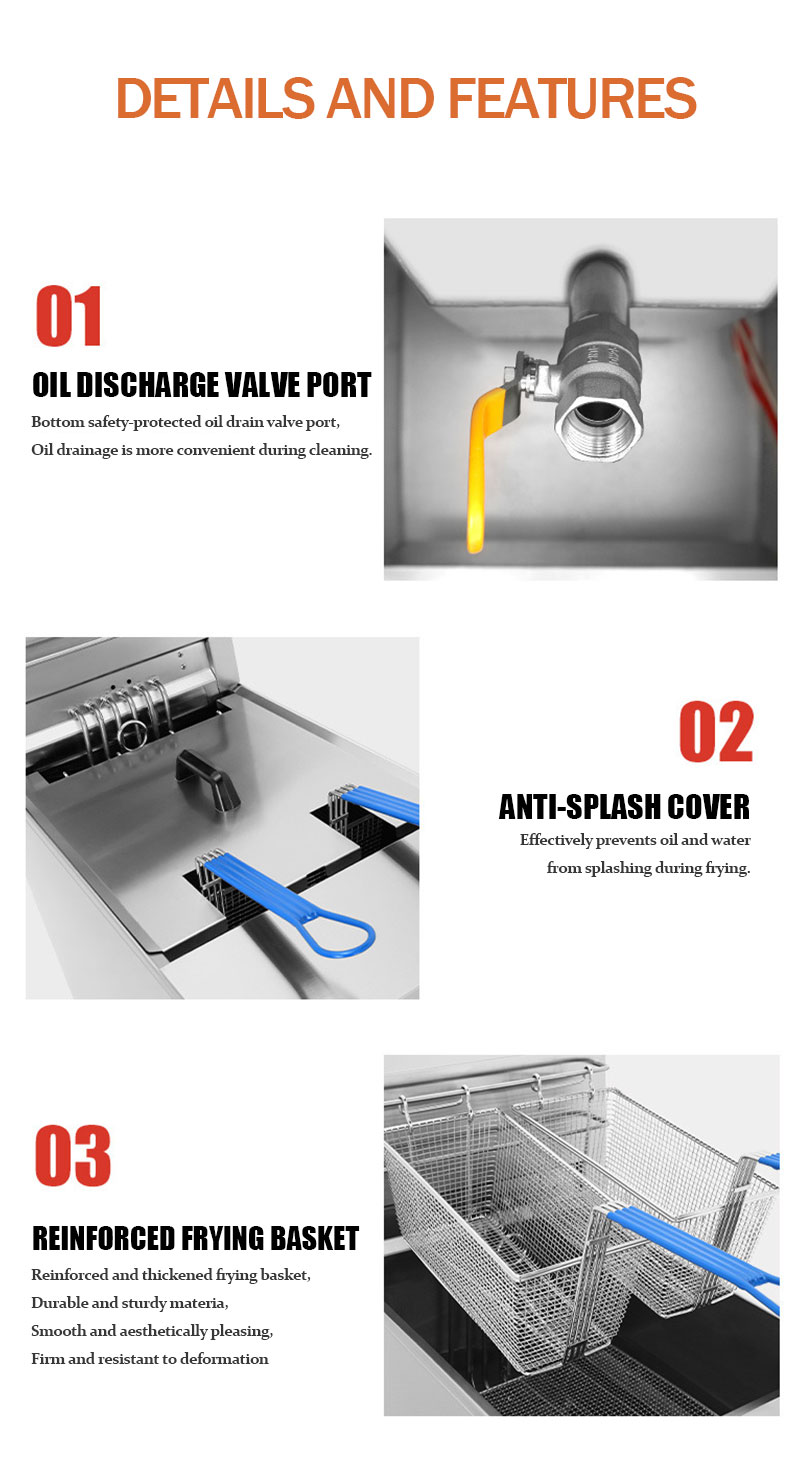 Oil discharge valve port, anti-splash cover and reinforced frying basket of a commercial electric fryer