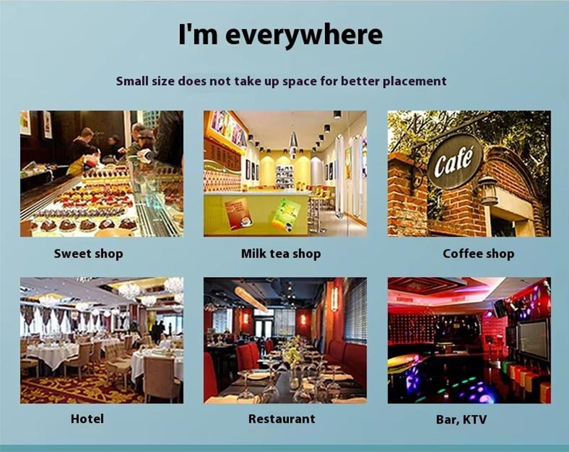 Placement scenarios for countertop soft serve ice cream machine in sweet shops, milk tea shops, hotels, restaurants, and bars