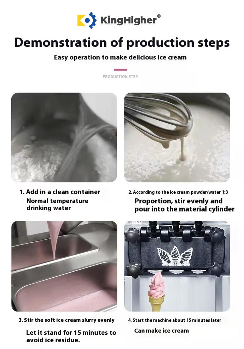 Step-by-step production demonstration of countertop soft serve ice cream machine