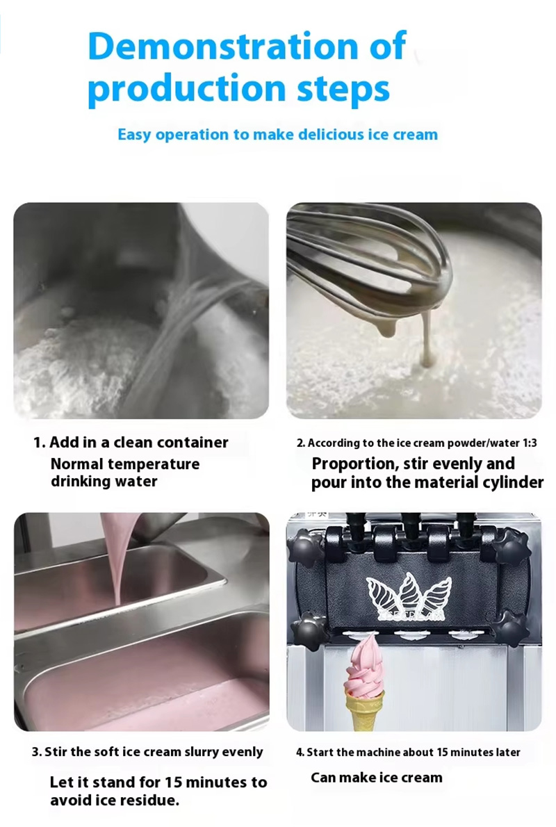 Commercial soft serve ice cream machine production steps demonstration for mixing, resting, and dispensing