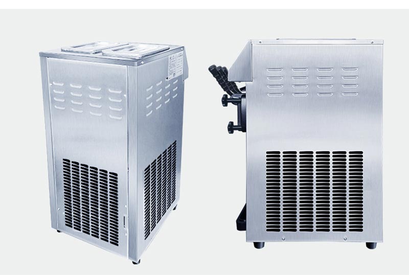 Side and rear perspectives of 3-flavor soft serve ice cream machine