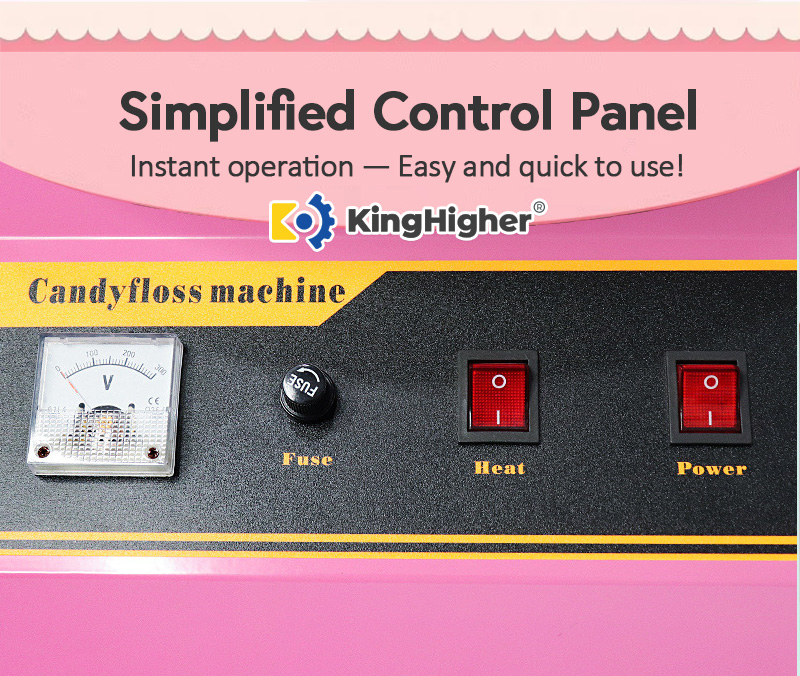 Simplified candy floss maker control panel with fuse, heat, and power switches