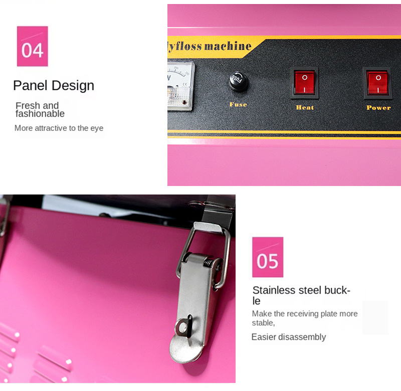 Stainless steel safety clip and front panel design of candy floss maker