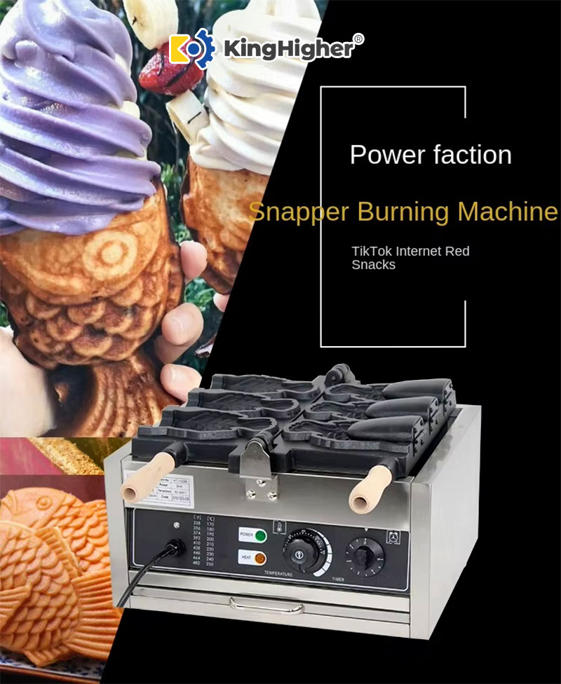 Ice cream in fish-shaped waffle cones with commercial taiyaki machine