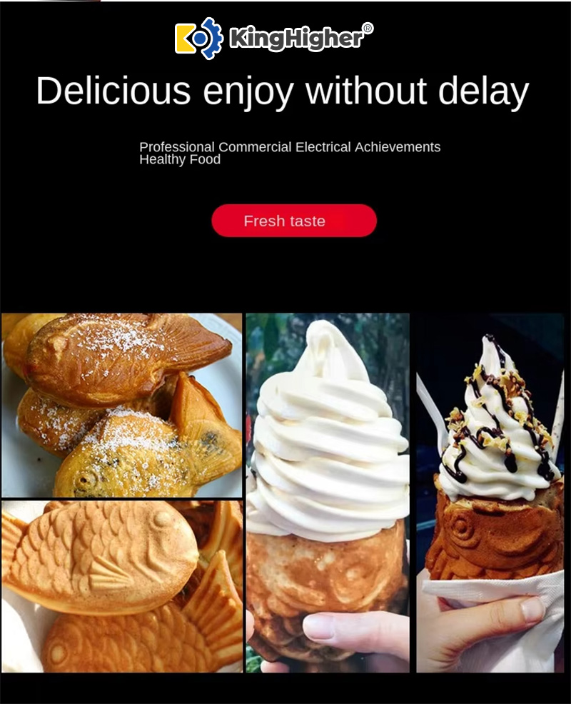 Assorted taiyaki snacks and ice cream cones in a product gallery