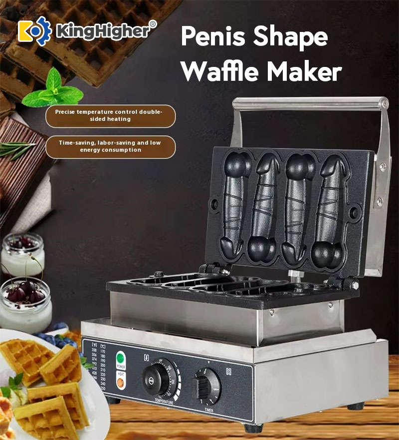 penis waffle maker and plated waffles on dark background