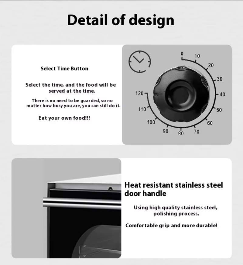Oven design details: select time button and stainless steel door handle
